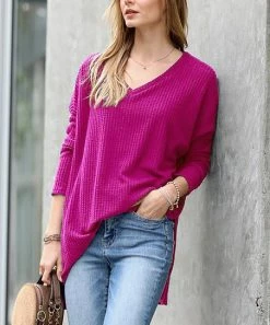 42POPS | Magenta Thermal Waffle V-Neck Hi-Low Sweater - Women