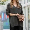 42POPS | Charcoal Front-Seam Side-Slit V-Neck Hi-Low Sweater - Women