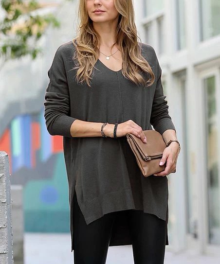 42POPS | Charcoal Front-Seam Side-Slit V-Neck Hi-Low Sweater - Women
