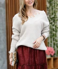 42POPS | Bone Distressed V-Neck Bishop-Sleeve Sweater - Women