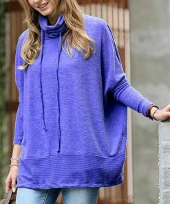 42POPS | Bright Blue Melange Drawstring Cowl Neck Long-Sleeve Sweater - Women