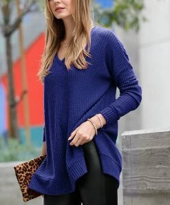 42POPS | Light Navy Waffle Slit-Hem V-Neck Long-Sleeve Sweater - Women