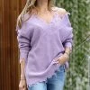 42POPS | Dusty Lavender Distressed V-Neck Bishop-Sleeve Sweater - Women