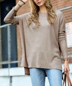 42POPS | Mocha Ribbed Crewneck Long-Sleeve Hi-Low Sweater - Women