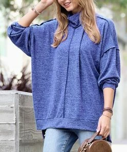 42POPS | Bright Blue Melange Front-Seam Mock Neck Long-Sleeve Sweater - Women