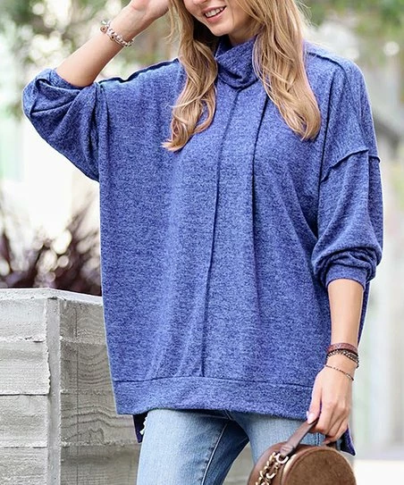 42POPS | Bright Blue Melange Front-Seam Mock Neck Long-Sleeve Sweater - Women