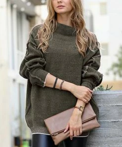 42POPS | Dark Olive Raw-Seam Oversize Mock Neck Drop-Shoulder Sweater - Women