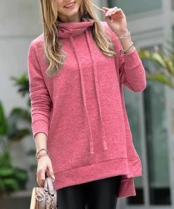 42POPS | Rose Brushed Melange Side-Slit Drawstring Funnel-Collar Hi-Low Tunic - Women