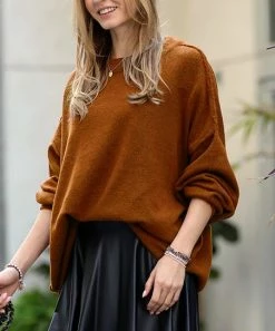 42POPS | Heather Almond Raw-Seam Crewneck Long-Sleeve Oversize Sweater - Women