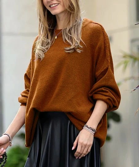 42POPS | Heather Almond Raw-Seam Crewneck Long-Sleeve Oversize Sweater - Women