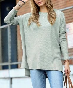 42POPS | Dusty Green Ribbed Crewneck Long-Sleeve Hi-Low Sweater - Women