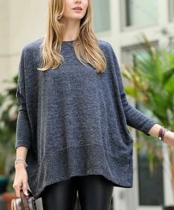 42POPS | Black Crewneck Long-Sleeve Oversize Dolman Sweater - Women