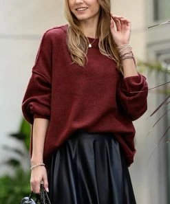 42POPS | Heather Dark Rust Raw-Seam Crewneck Long-Sleeve Oversize Sweater - Women