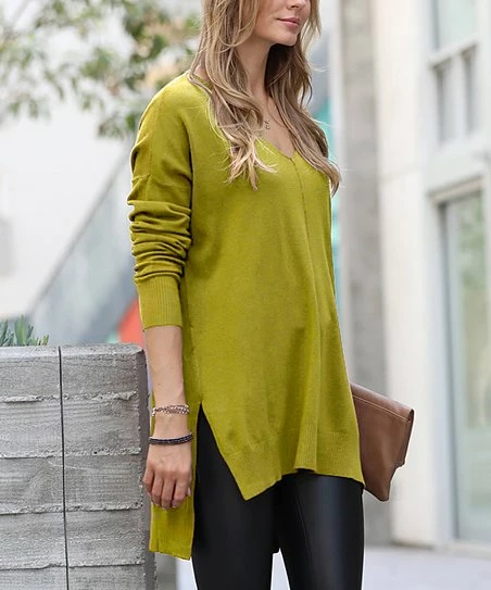 42POPS | Olive Mustard Front-Seam Side-Slit V-Neck Hi-Low Sweater - Women