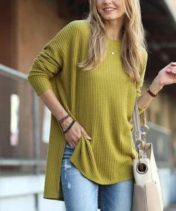42POPS | Olive Mustard Thermal Waffle Crewneck Long-Sleeve Hi-Low Tunic - Women