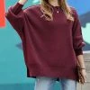 42POPS | Dark Burgundy Side-Slit Oversize Crewneck Dolman Sweater - Women