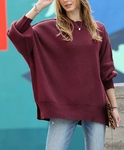 42POPS | Dark Burgundy Side-Slit Oversize Crewneck Dolman Sweater - Women