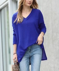 42POPS | Bright Blue Thermal Waffle V-Neck Hi-Low Sweater - Women