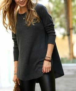 42POPS | Black Waffle Crewneck Long-Sleeve Curved-Hem Hi-Low Tunic - Women