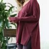 42POPS | Dark Burgundy Oversize V-Neck Long-Sleeve Hi-Low Top - Women