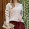 42POPS | Beige Distressed V-Neck Bishop-Sleeve Sweater - Women
