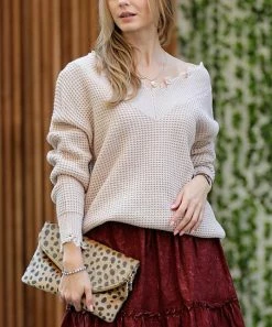 42POPS | Beige Distressed V-Neck Bishop-Sleeve Sweater - Women