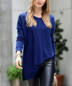 42POPS | Light Navy Thermal Waffle Crewneck Long-Sleeve Sweater - Women