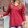 42POPS | Heather Burgundy Front-Seam Drop-Shoulder V-Neck Hi-Low Sweater - Women