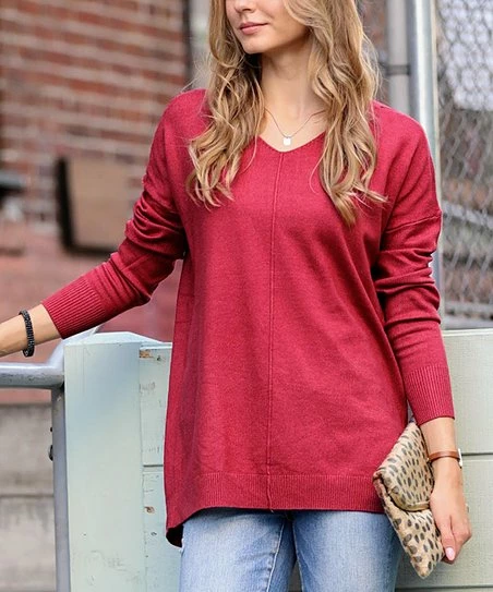 42POPS | Heather Burgundy Front-Seam Drop-Shoulder V-Neck Hi-Low Sweater - Women
