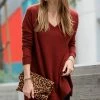 42POPS | Dark Rust Waffle Slit-Hem V-Neck Long-Sleeve Sweater - Women