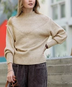 42POPS | Heather Cocoa Mock Neck Puff-Sleeve Sweater - Women