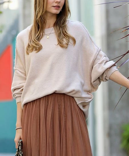 42POPS | Heather Beige Raw-Seam Crewneck Long-Sleeve Oversize Sweater - Women