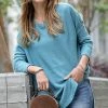 42POPS | Dusty Teal Waffle Crewneck Long-Sleeve Hi-Low Sweater - Women