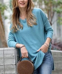 42POPS | Dusty Teal Waffle Crewneck Long-Sleeve Hi-Low Sweater - Women