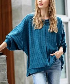 42POPS | Teal Waffle Crewneck Long-Sleeve Oversize Sweater - Women