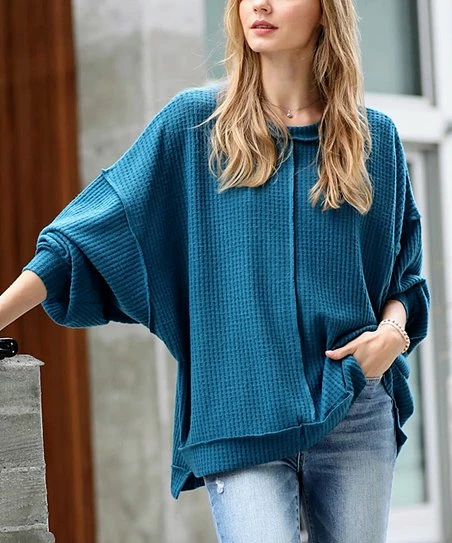 42POPS | Teal Waffle Crewneck Long-Sleeve Oversize Sweater - Women
