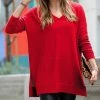 42POPS | Ruby Waffle Slit-Hem V-Neck Long-Sleeve Sweater - Women