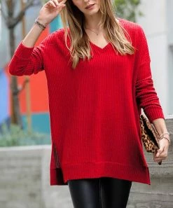 42POPS | Ruby Waffle Slit-Hem V-Neck Long-Sleeve Sweater - Women