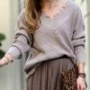 42POPS | Ash Mocha Distressed V-Neck Bishop-Sleeve Sweater - Women