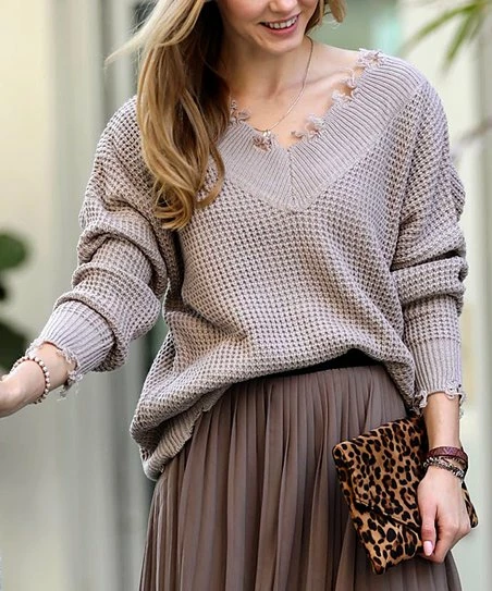 42POPS | Ash Mocha Distressed V-Neck Bishop-Sleeve Sweater - Women