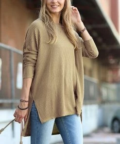 42POPS | Khaki Thermal Waffle Crewneck Long-Sleeve Hi-Low Tunic - Women