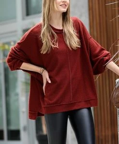 42POPS | Dark Rust Waffle Crewneck Long-Sleeve Oversize Sweater - Women