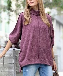 42POPS | Eggplant Melange Front-Seam Mock Neck Long-Sleeve Sweater - Women