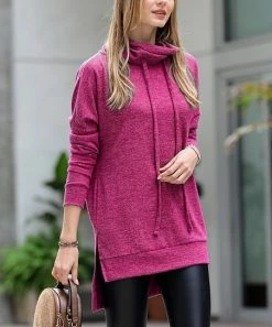 42POPS | Magenta Brushed Melange Side-Slit Drawstring Funnel-Collar Hi-Low Tunic - Women
