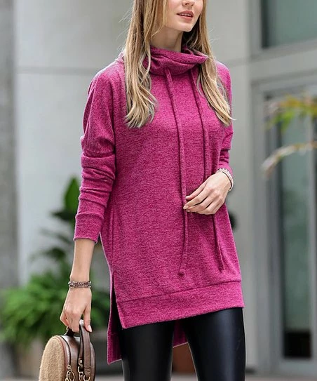42POPS | Magenta Brushed Melange Side-Slit Drawstring Funnel-Collar Hi-Low Tunic - Women