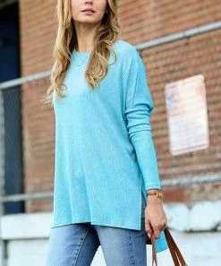 42POPS | Ice Blue Ribbed Crewneck Long-Sleeve Hi-Low Sweater - Women