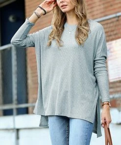 42POPS | Blue Gray Ribbed Crewneck Long-Sleeve Hi-Low Sweater - Women