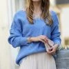 42POPS | Spring Blue Distressed V-Neck Bishop-Sleeve Sweater - Women