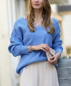 42POPS | Spring Blue Distressed V-Neck Bishop-Sleeve Sweater - Women