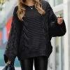 42POPS | Black Cable-Knit Crewneck Bell-Sleeve Sweater - Women